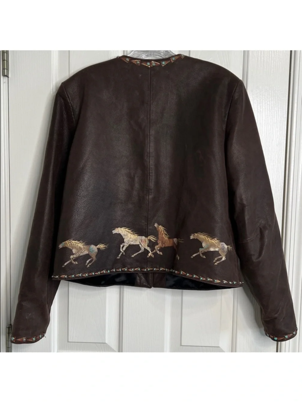 Patricia Wolf hand painted Indian ponies Leather Jacket Turquoise Studs L EUC - Picture 7 of 10
